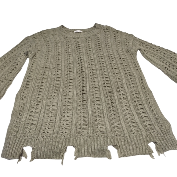 Kye Mi Women's Olive Green Distressed Knit Tunic Sweater Size Large - Picture 5 of 13